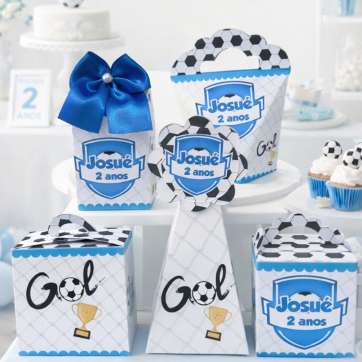 Kit Festa Futebol Azul Personalizado Pegue e Monte Caixinhas Lembrancinhas para Aniversário Infantil