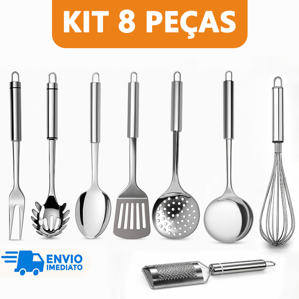 Kit 8 Utensílio para Cozinha Aço Inox Escumadeira Concha Colher Arroz Garfo Espátula Fue Pegador Ralador