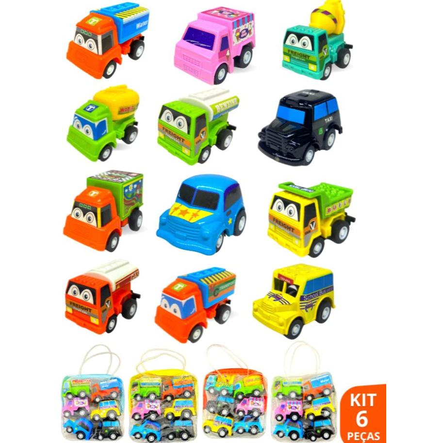Carrinho De Brinquedo Fricção Kit Com 6 Carros + Bolsinha