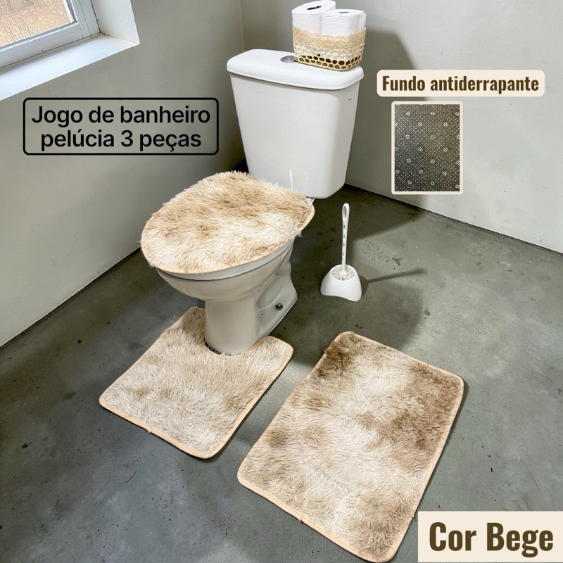 Jogo de Banheiro Pelúcia 3 Peças Antiderrapante Capa Vaso + Tapetes Luxo Macio