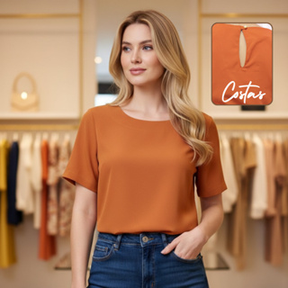 Blusa Feminina de Manga Curta Social Elegante no Crepinho Gola Canoa em Oferta na Shopee