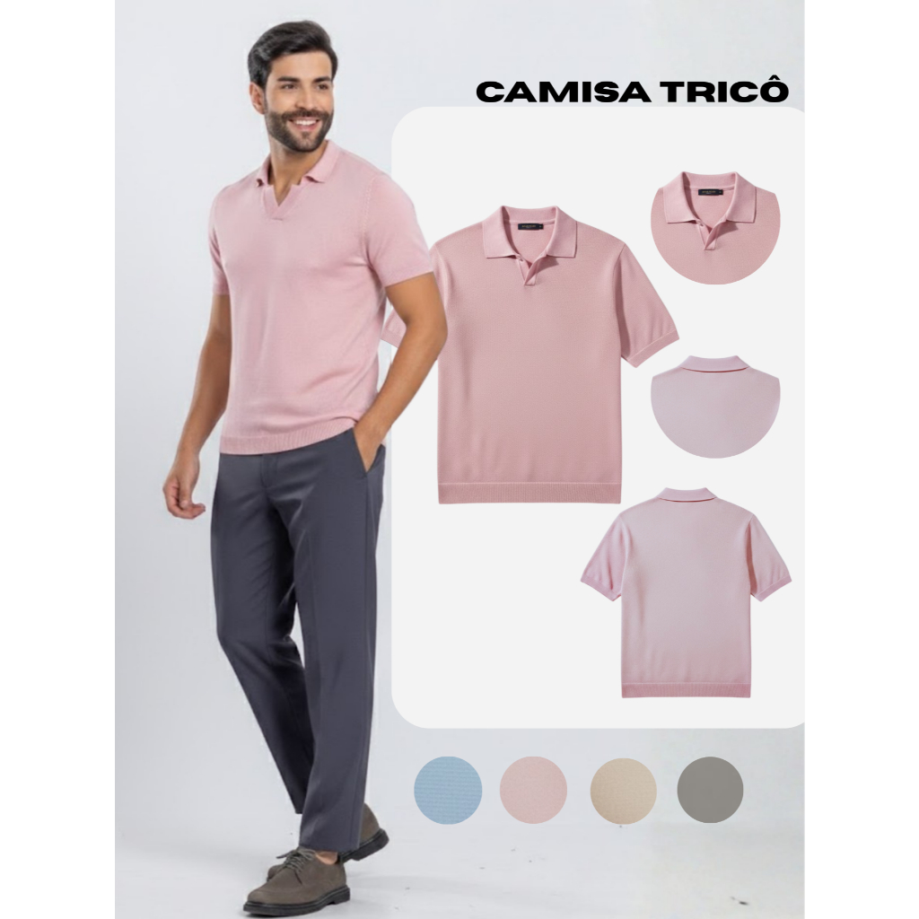 Camisa Masculina Estilo Old Money gola V Polo Trico Algodão Slim Fit Respirável Premium em Oferta na Shopee