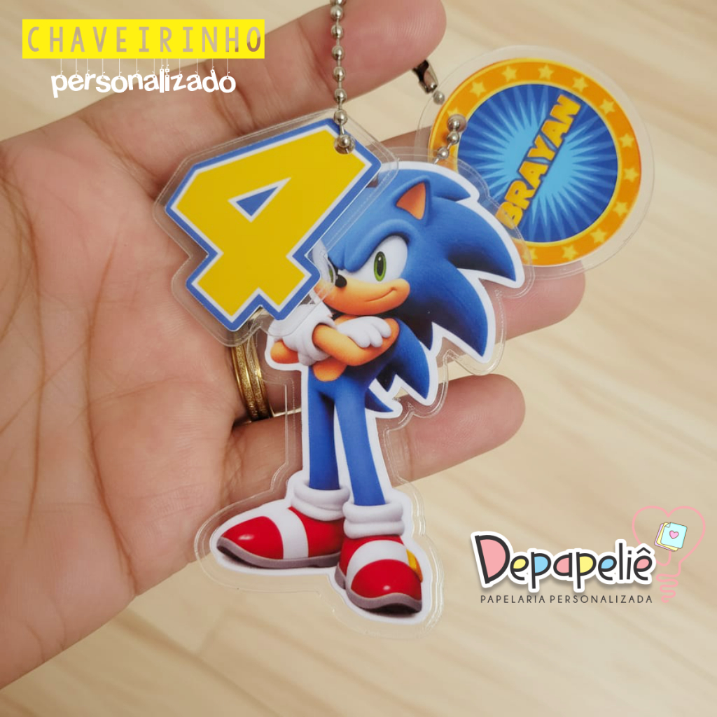 Chaveiro Personalizado Polaseal SONIC Lembrancinha de Aniversário Festa Infantil Nome e Idade