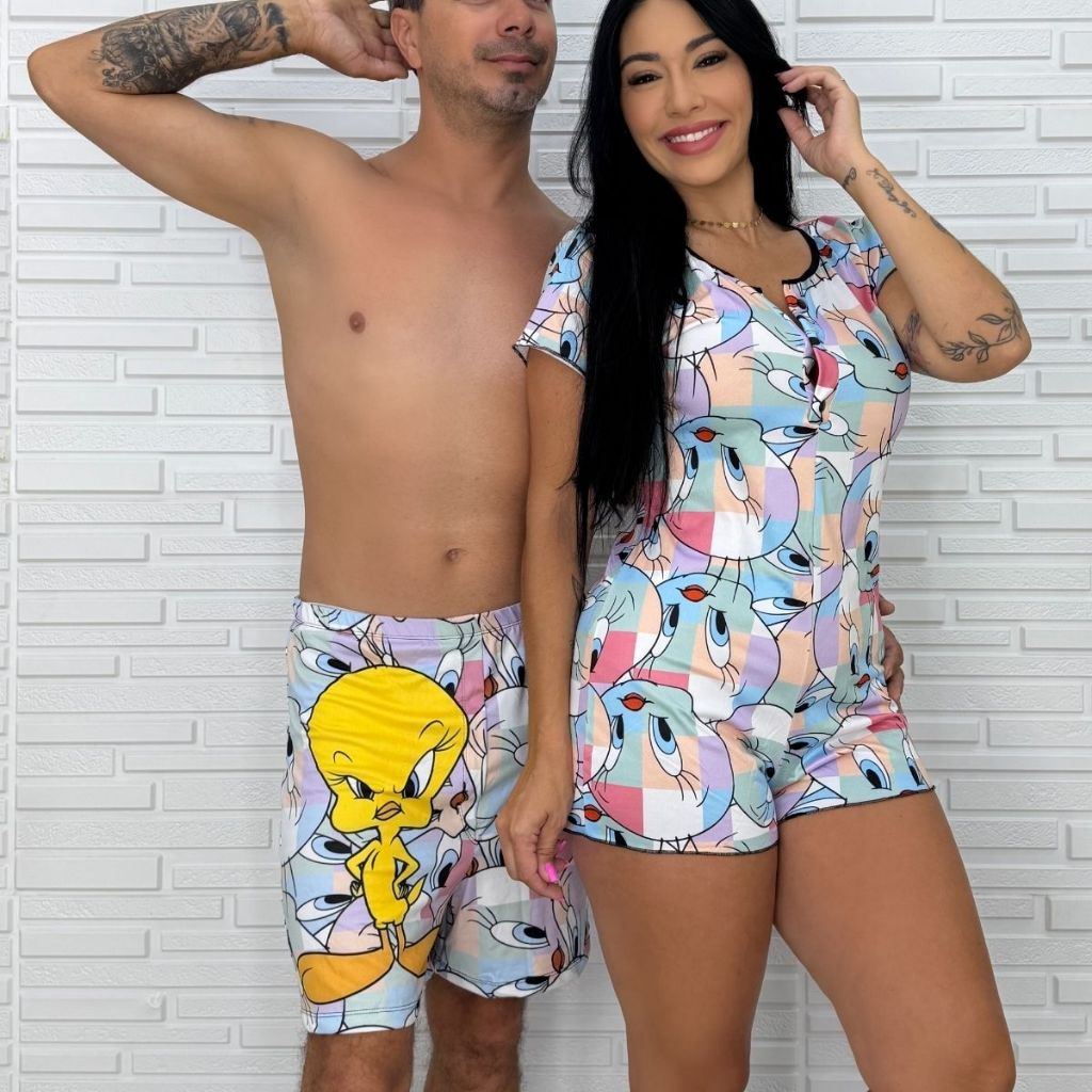 Presente Dia Dos Namorados Kit Casal Pijama Personagens - Samba Canção e Macaquinho Curto Promoção