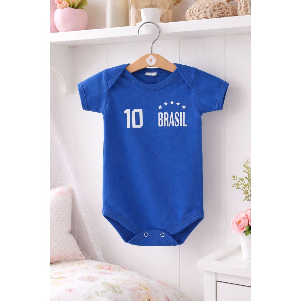 Body Bebê Brasil Nº10 Azul – Roupa de Bebê Futebol Seleção Brasileira Manga Curta