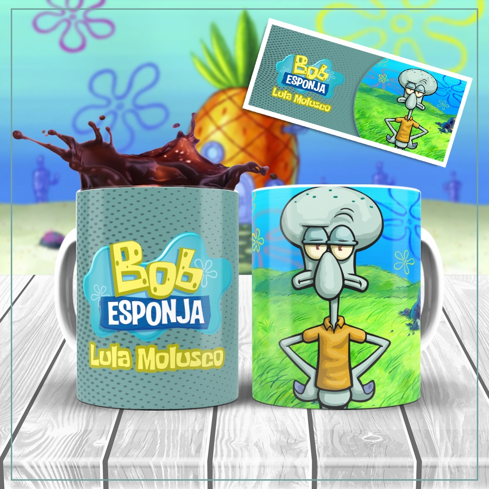Caneca Bob Esponja Personalizada com Nome | Patrick Lula Molusco Sandy Bochechas Plankton - Porcelana e Plástico 325 — imagem 2 de 2