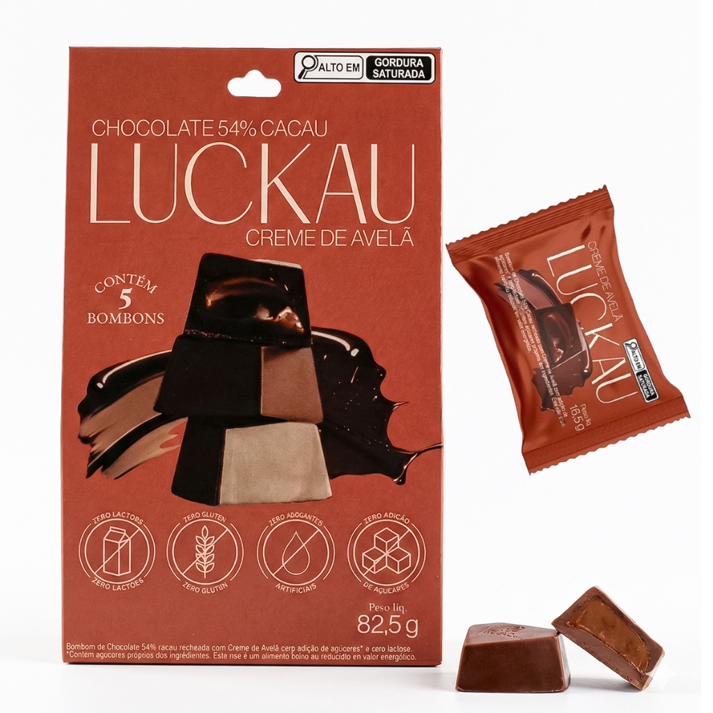 Bombom de Chocolate Amargo 54% Luckau Creme de Avelã Pouch 5 Unidades