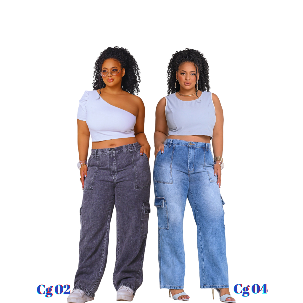 Kit 2 Calças Jeans Cargo Feminina Cintura Alta Plus Size Levanta Bumbum Curve