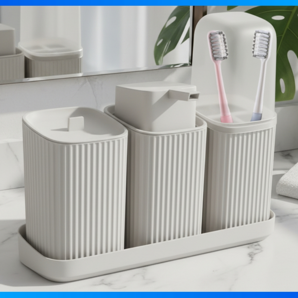 Kit Banheiro 3 Pecas Com Bandeja Dispenser Porta Algodão Porta Escovas E Porta Sabonete Liquido De 400Ml Decoração