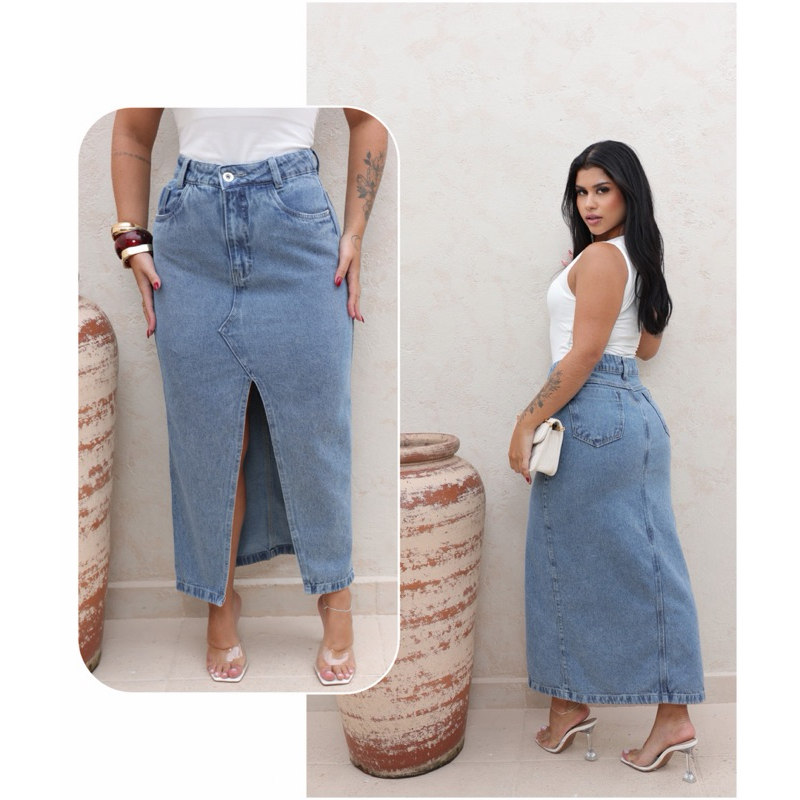 Saia Midi Longa Jeans Abertura Na Frente Cintura Alta em Oferta na Shopee