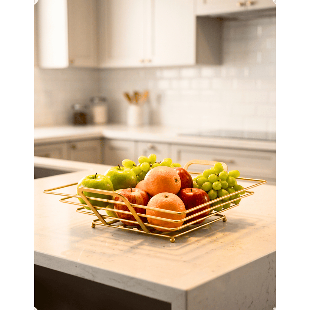 Fruteira de Mesa Quadrada Aço Inox Dourada 28x28cm Altura 12cm Centro de Mesa Decoração