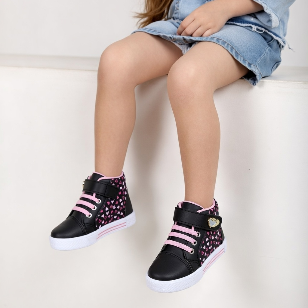 Tênis Infantil Menina Cano Alto Coração Confortável Blogueirinha em Oferta na Shopee