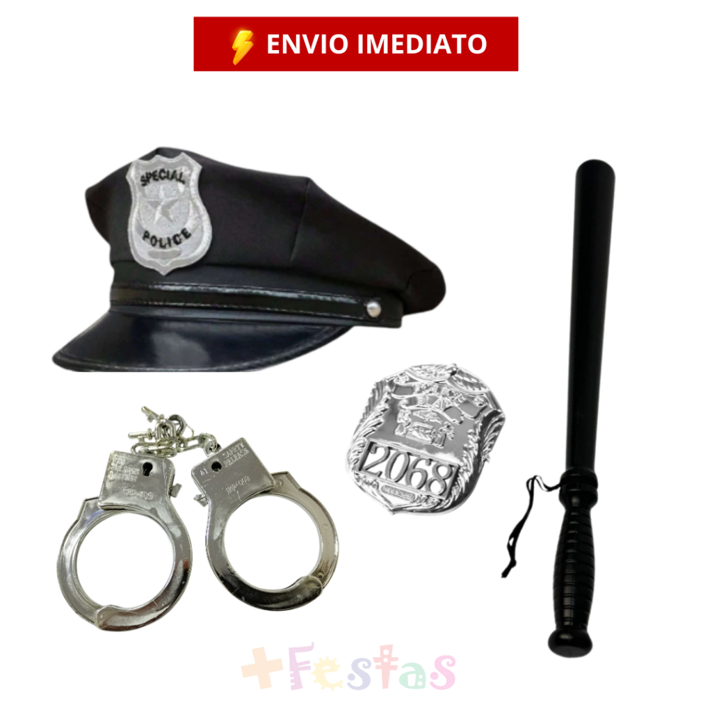 Kit Fantasia Adulto Infantil Policial Carnaval Chapéu Cacetete Algema Distintivo em Oferta na Shopee