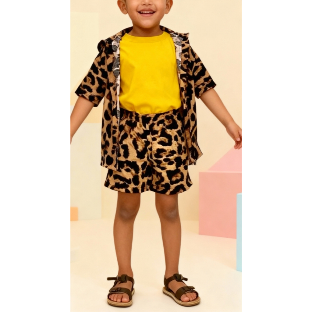 Conjunto Infantil camisa e bermuda com estampa de oncinha