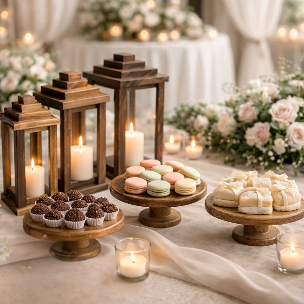 Trio de Boleiras Rústicas Madeira Pinus + Trio Lanternas Marroquinas Kit Decoração Festa