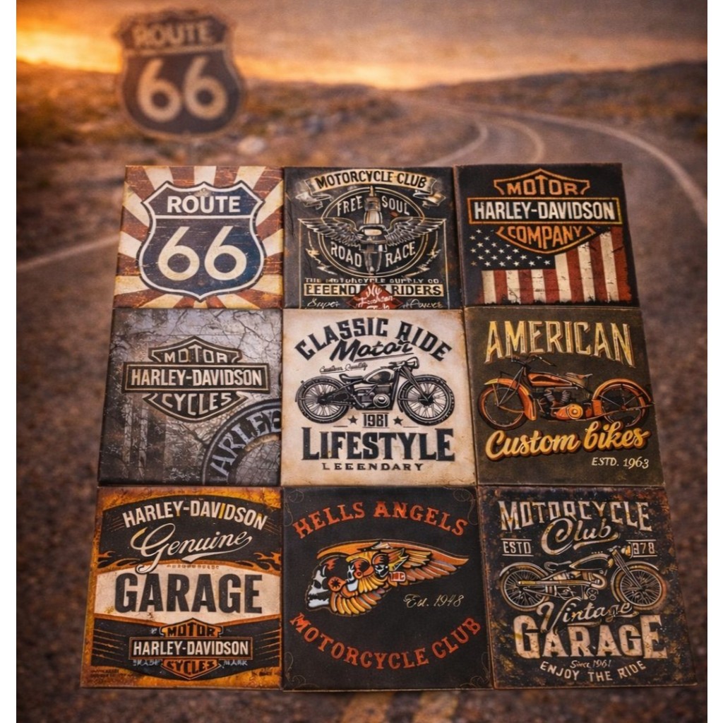 Azulejos Decorativos HARLEY STYLE Retrô Motorcycle Vintage Custom Kit 9 Peças 15x15cm.