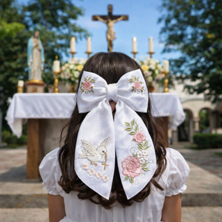 Laço de Batizado Bordado Pomba da Paz e Rosas – Tecido Branco Delicado em Oferta na Shopee