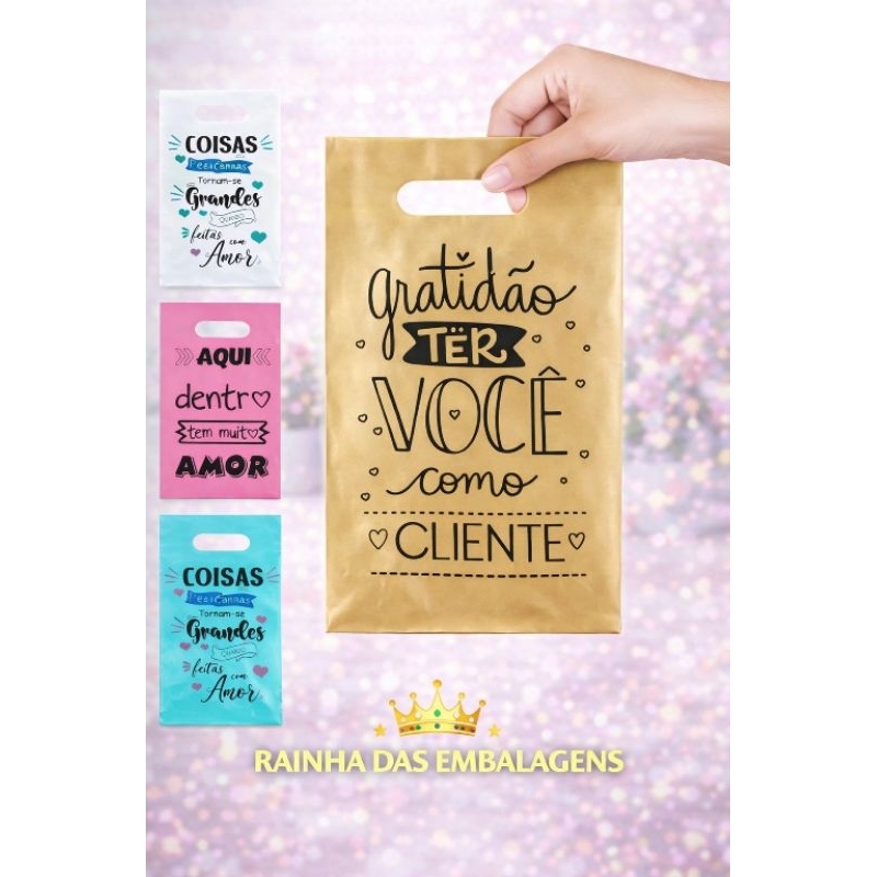 50 Sacolas Plásticas Impressa - Frases GRATIDÃO 20x30/30x40/40X50 Entrega Rápida