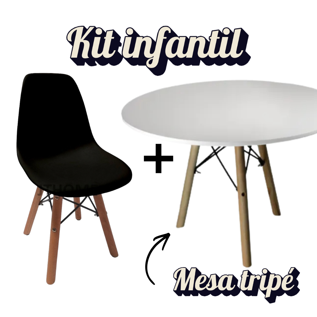 Kit Infantil Eiffel – 1 Cadeira Preta + 1 Mesa Tripé Branca | Decoração Moderna