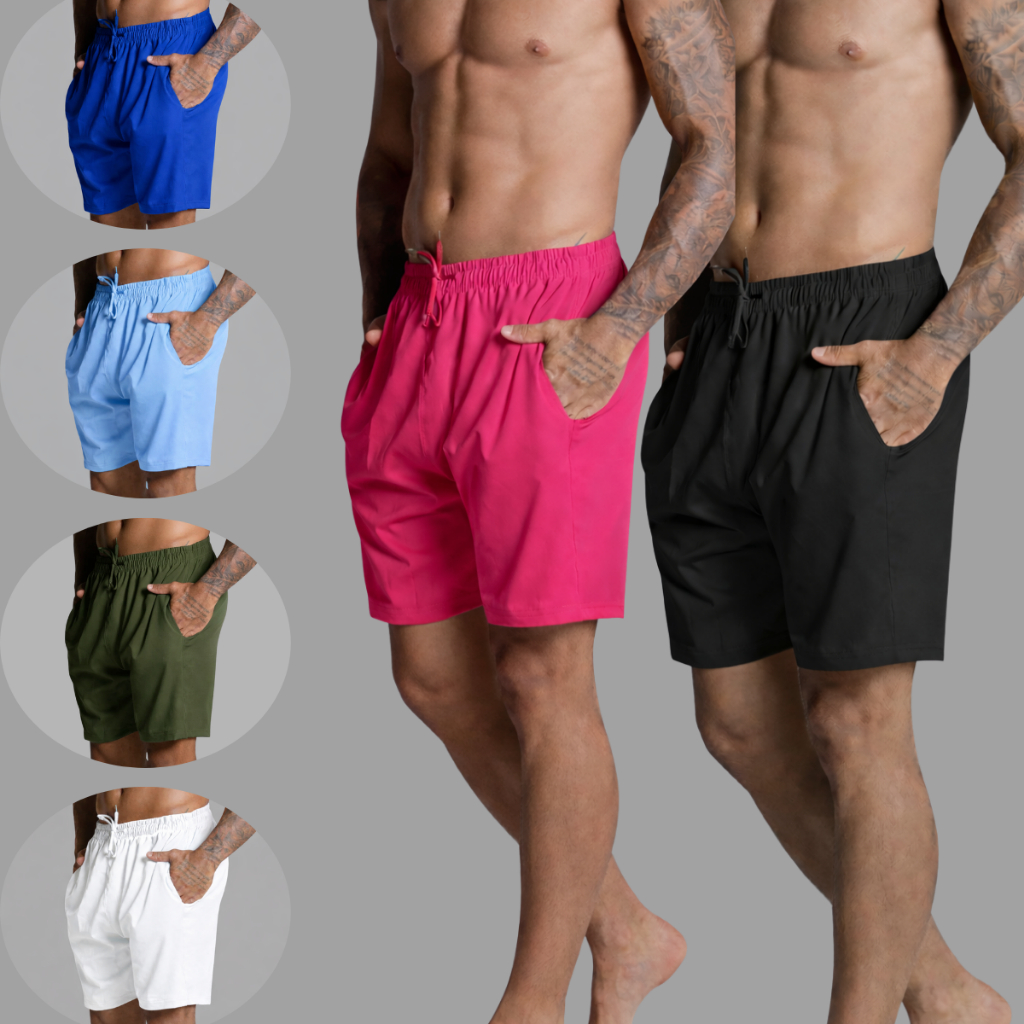 Kit 2 Shorts Tactel Liso Com Bolsos E Elastano Casual Confortavel Otimo Para Esporte Ou Piscina