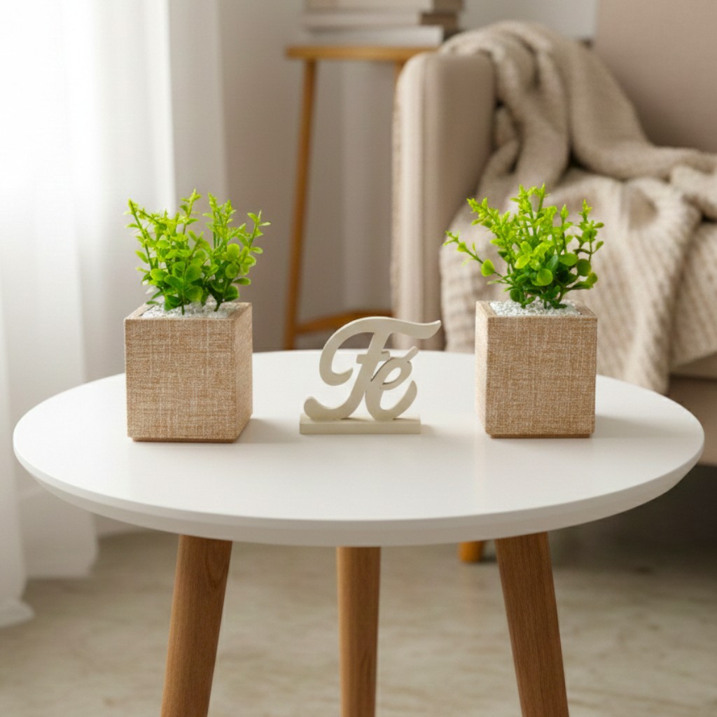 Kit 2 Vasos Decorativos de Linho com Planta Artificial – Fé | Decoração Religiosa Moderna em Oferta na Shopee