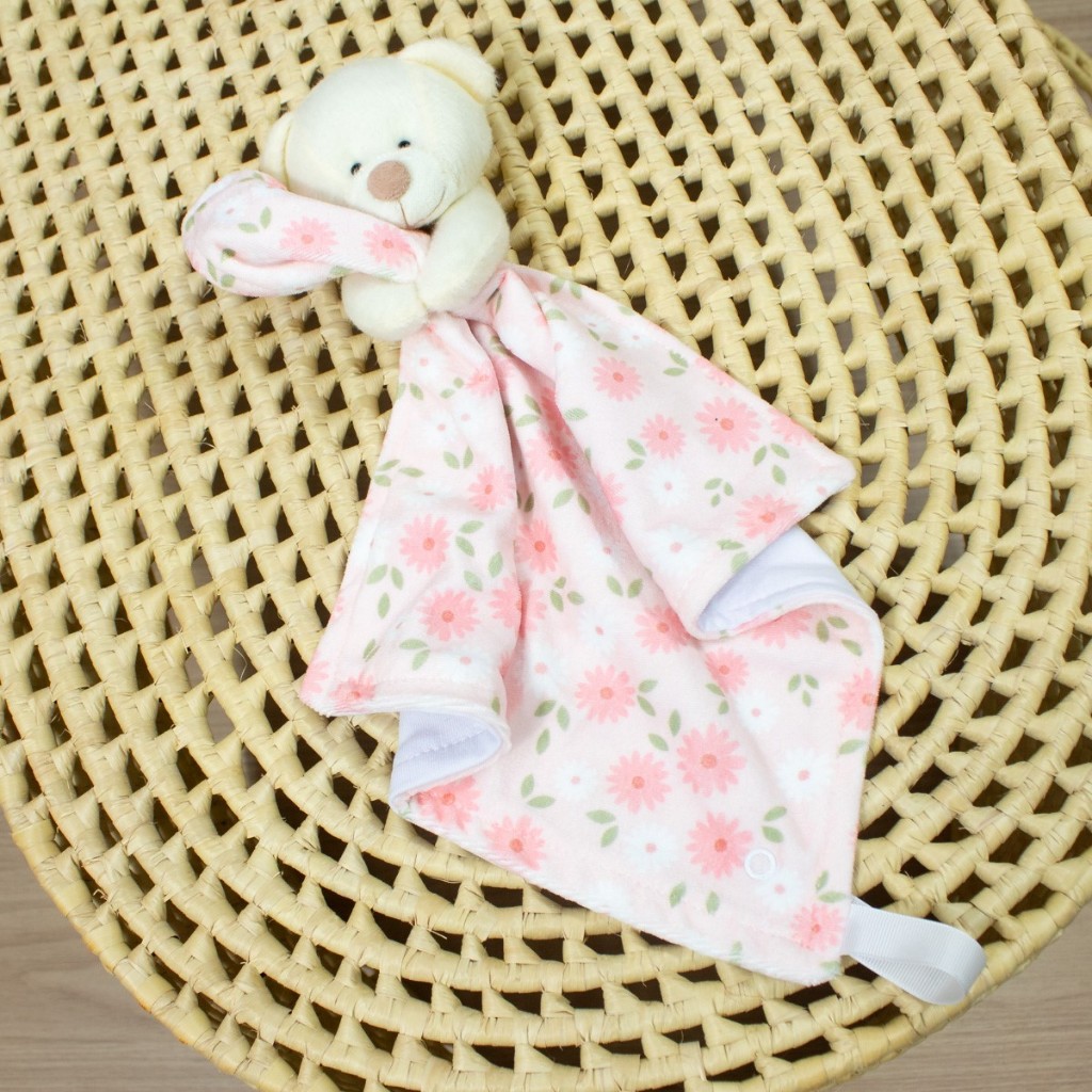 Naninha Bebê Rosa com Margaridas Plush Florzinha Tecido Hipoalergênico e Porta Chupeta