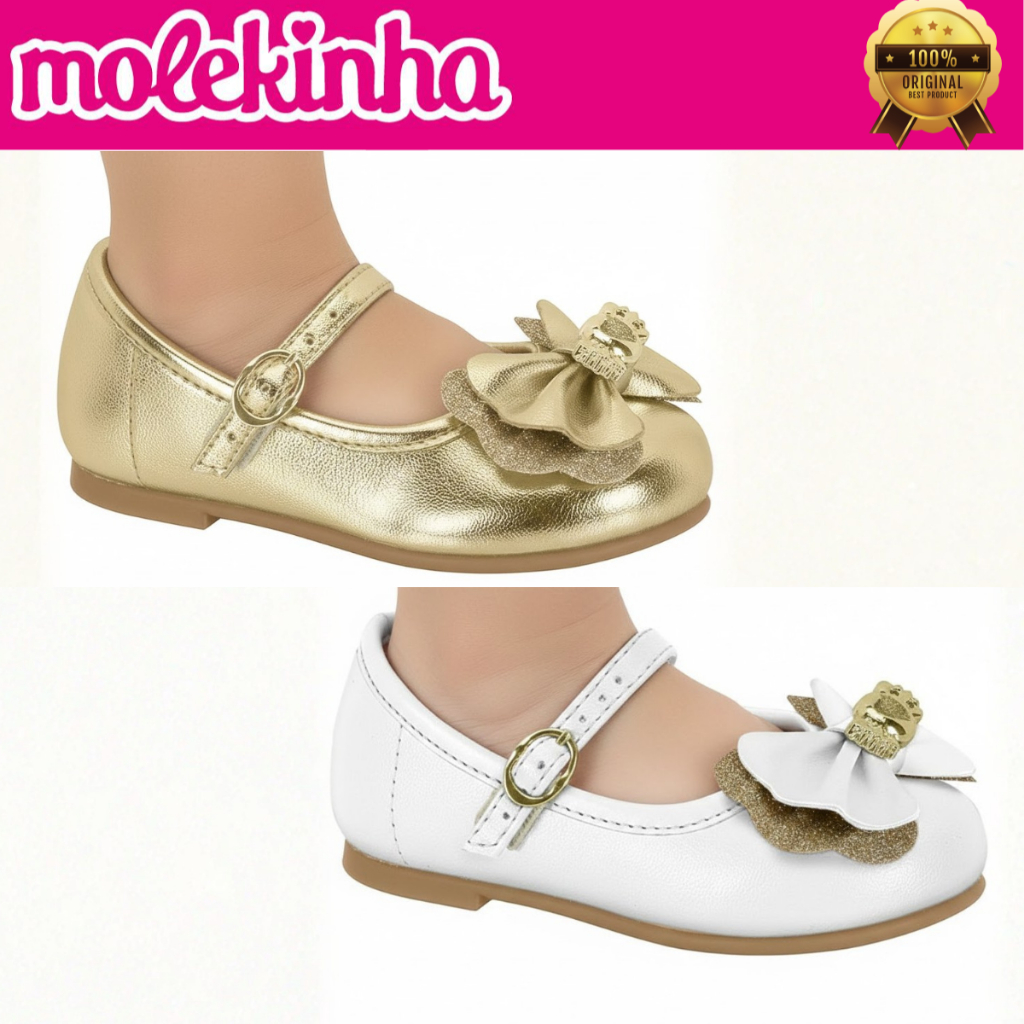 Sapatilha Molekinha Infantil Menina Bebê Sapato Laço Brilho Fivela Delicada Boneca Batizado Original