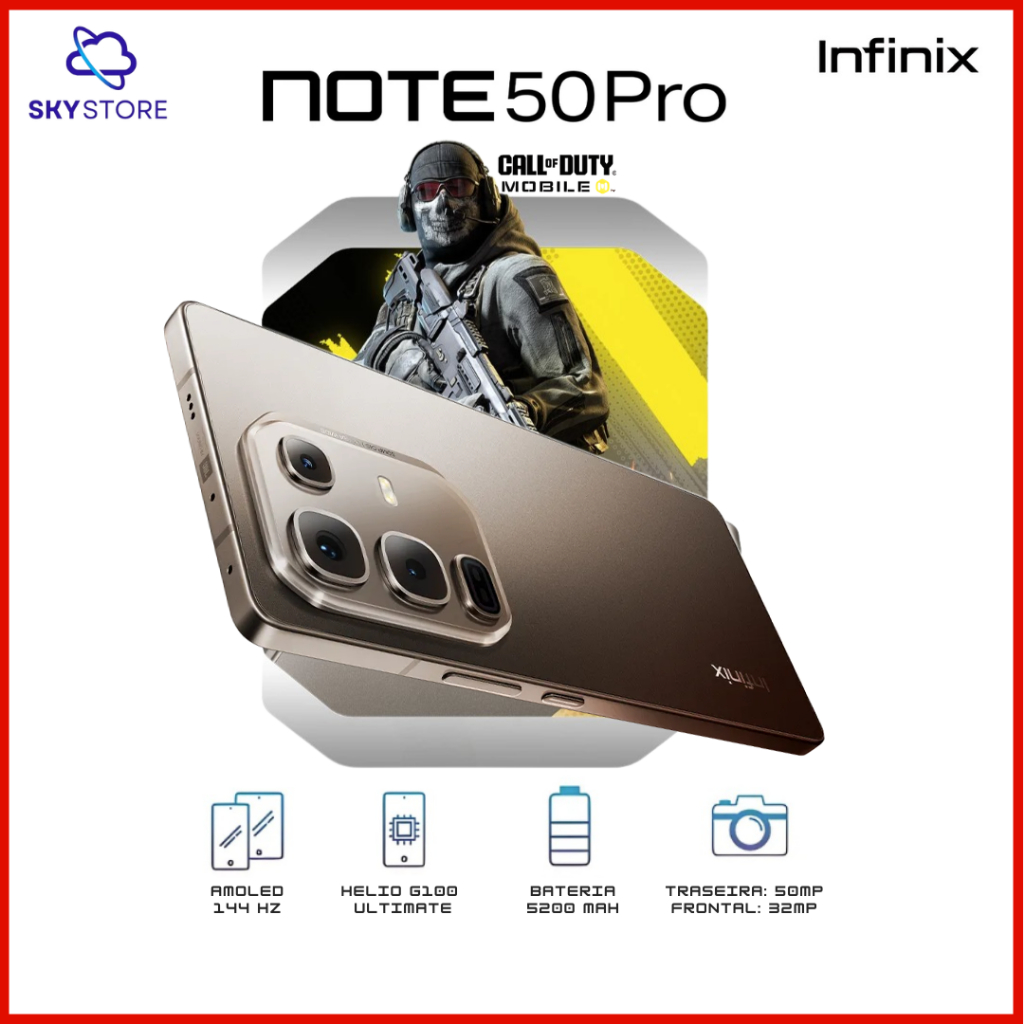Infinix Note 50 PRO 4.5G, Versão Global, Processador Hélio G100 Ultimate, Câmera 50MP OIS, 256GB + 8GB RAM, 5200mAh em Oferta na Shopee