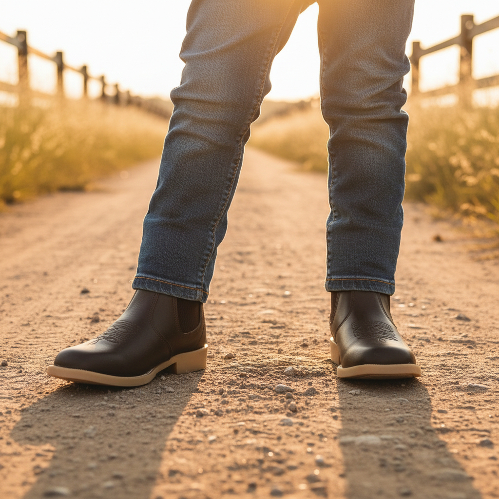 Botina Infantil Country Em Couro Com Elástico Couro Legítimo Café Bico Quadrado Unissex