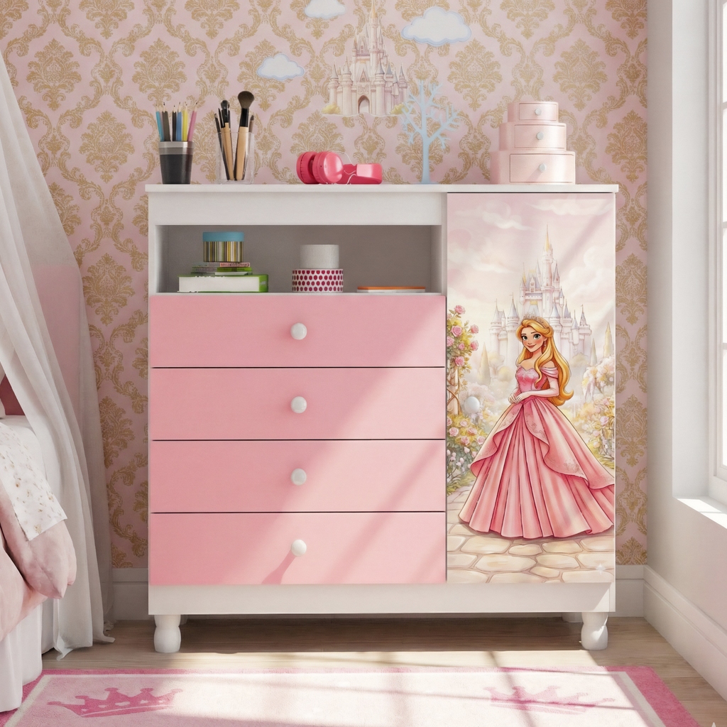 Imagem Cômoda Infantil Princesa Rosa 4 Gavetas com 1 Porta e Prateleira sapateira nicho Quarto Menina