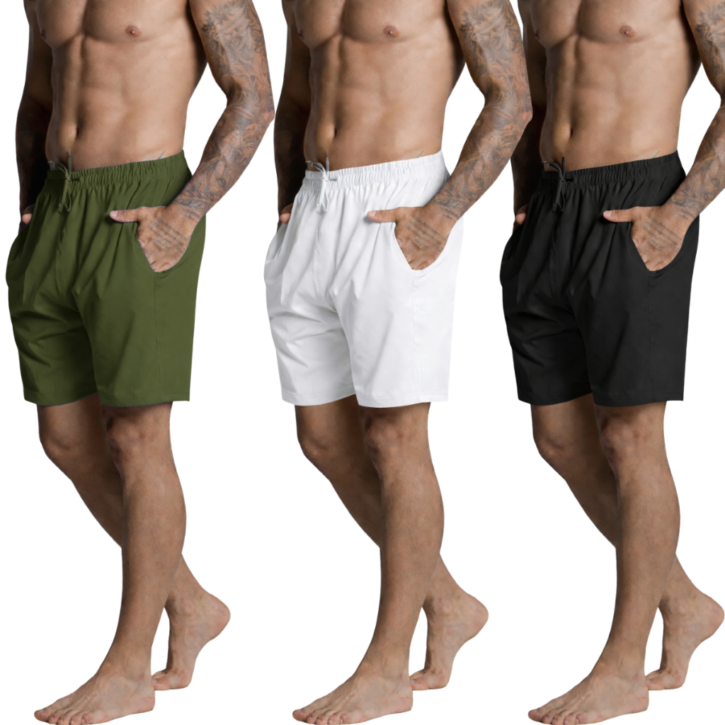 Kit 3 Shorts Tactel Leve Liso Confortavel Com Cadarços E Elastano Exelente Em Esportes Ou Piscina