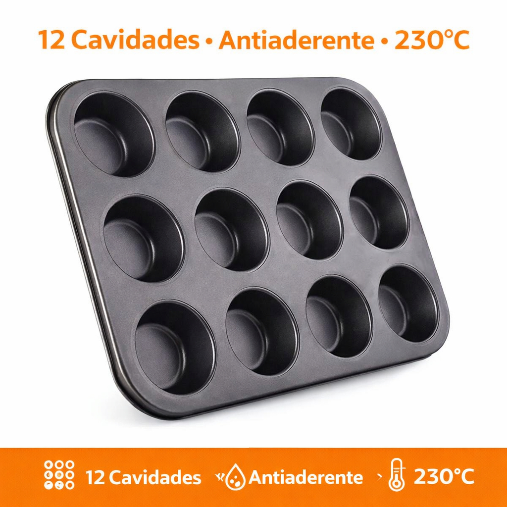 Forma 12 Cavidades Antiaderente Aço Carbono 35x26cm para Cupcake Empada Pão de Queijo 230°C