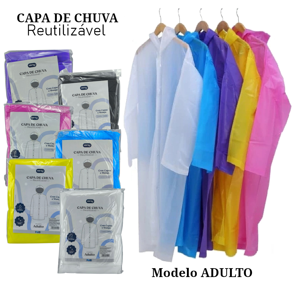 Capa de Chuva Reutilizável com Capuz e Manga - Modelo Adulto