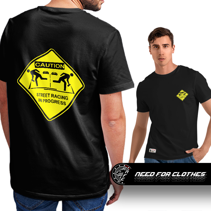Camiseta Placa Caution Street Racing Drag Racing Street Outlaws Cultura Gearhead