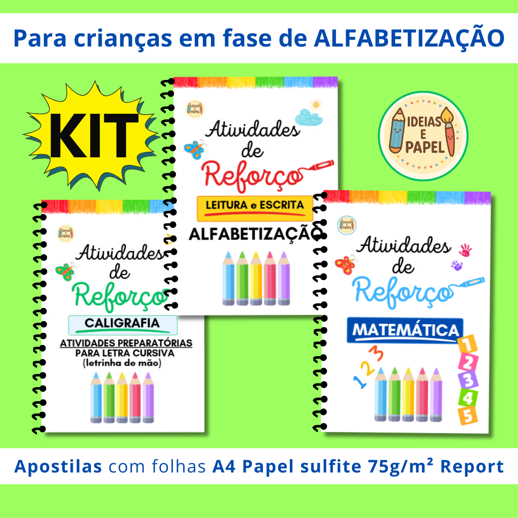 Kit 3  Apostilas Atividades de  Alfabetização Infantil – Leitura Escrita Matemática e Caligrafia