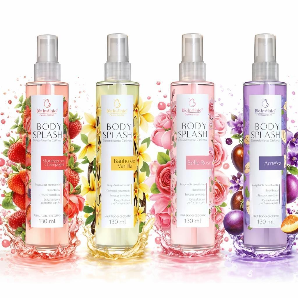 Body Splash Feminino Perfume Corporal - Ameixa, Vanilla, Belle Rose, Morango com Champagne