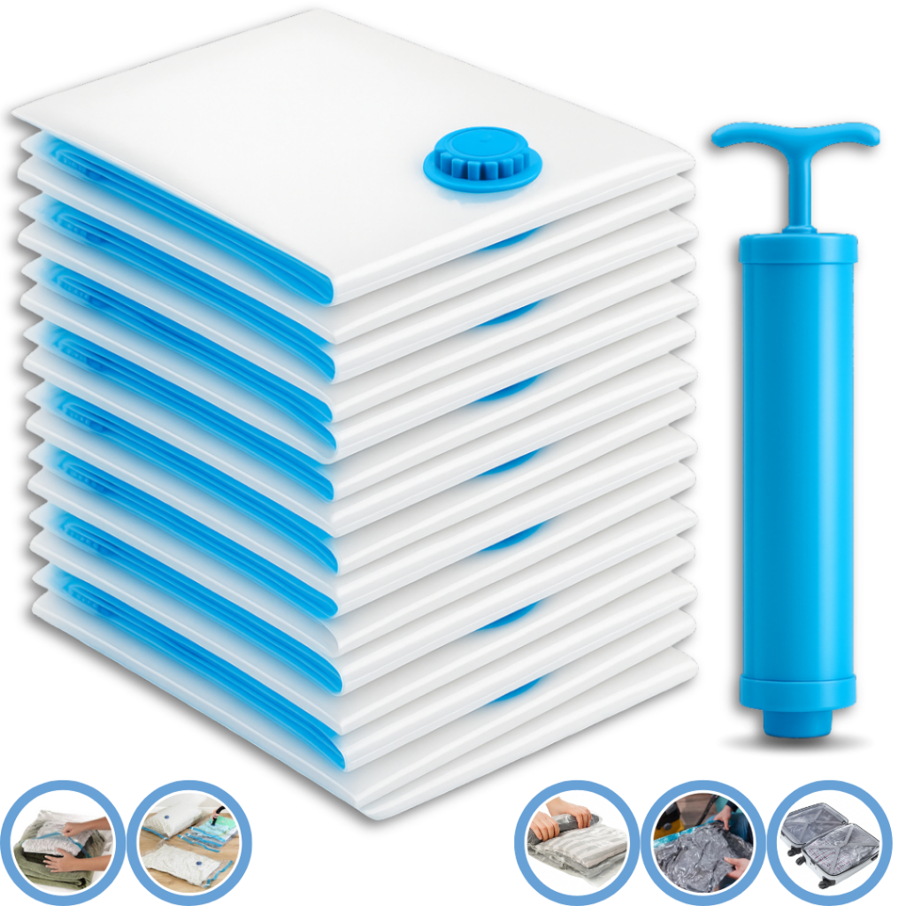 Imagem Kit 10 Sacos à Vácuo Organizador de Roupas com Bomba Manual de Espaço Mala de Viagem Guarda-Roupa