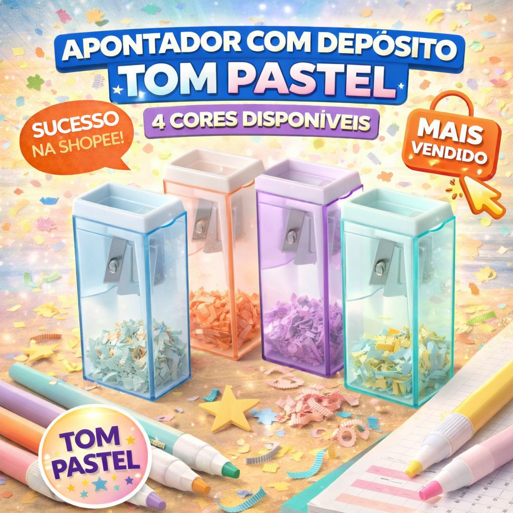 Apontador Escolar Com Depósito BRW Cores Pastel Reservatório Plástico Resistente Escolar