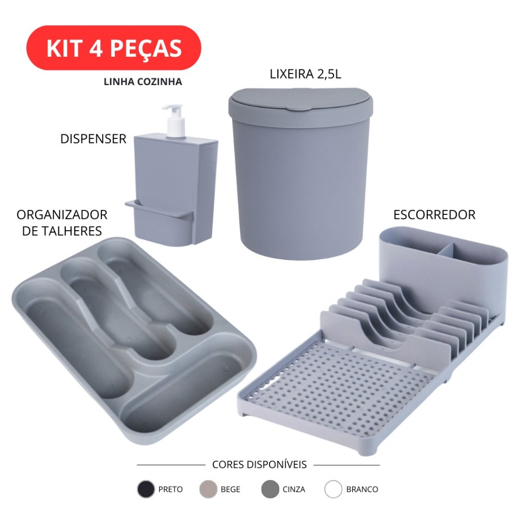 Kit Cozinha 4 Peças Completo Organizador Talheres Escorredor Dispenser Lixeira 2,5L Preto Bege Cinza Branco em Oferta na Shopee
