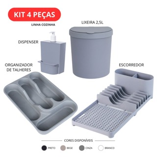 Kit Cozinha 4 Peças Completo Organizador Talheres Escorredor Dispenser Lixeira 2,5L Preto Bege Cinza Branco em Oferta na Shopee