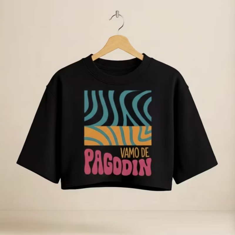 Blusa Feminina Cropped Oversized Estampada Vamo de Pagodin 100% Algodão