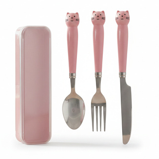 Kit Talher Gatinho Infantil Inox Jogo Conjunto com Estojo Portátil Escolar Trabalho Marmita Lancheira Colher Garfo Faca em Oferta na Shopee