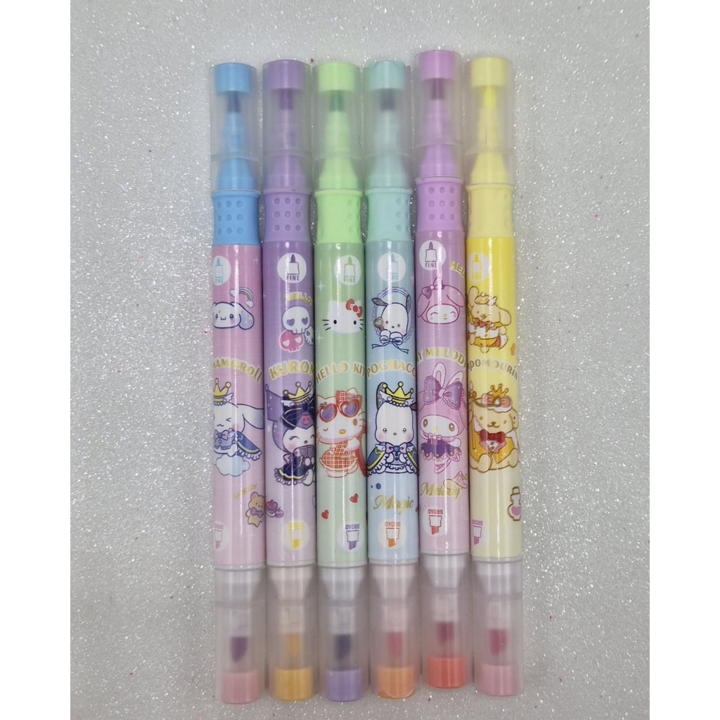 Kit Marca Texto Sanrio 6 Canetas 12 Cores – Hello Kitty, My Melody, Kuromi, Cinnamoroll, Pochacco e Pompompurin