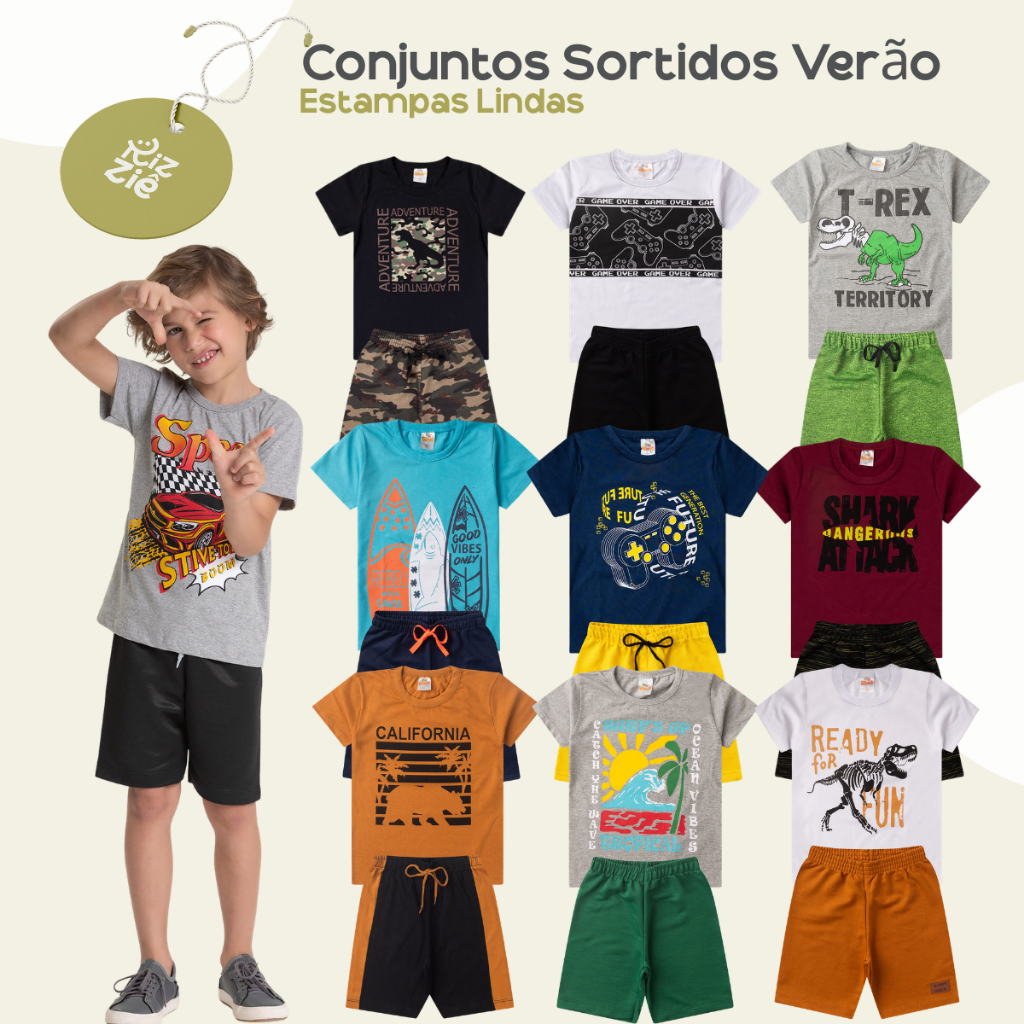 Kit Sortido 12 Peças de Roupas Infantil Menino 6 Camisetas + 6 Bermudas - Kit com 6 Conjuntos de Roupa Verão Menino Bebê