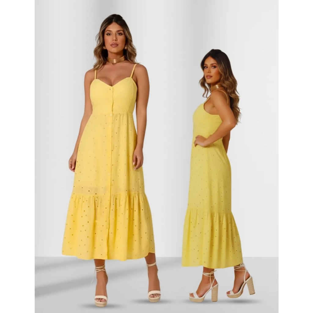Vestido Midi Laise Com Bojo E Botoes Frente Tendência Primavera Verão