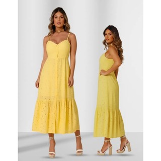 Vestido Midi Laise Com Bojo E Botoes Frente Tendência Primavera Verão