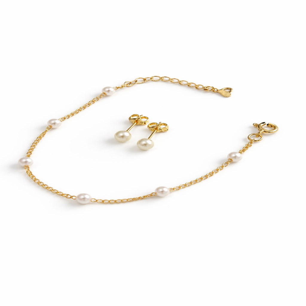Conjunto Infantil Delicado: Pulseira Pérolas + Brinco 4mm - Antialérgico e Ajustável     - Envio 24h