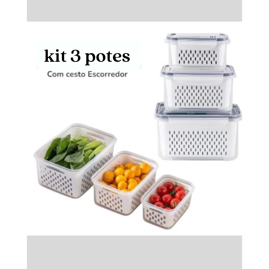 Kit 3 Potes Herméticos com Cesto Interno para Frutas e Legumes | Organização de Geladeira – Branco
