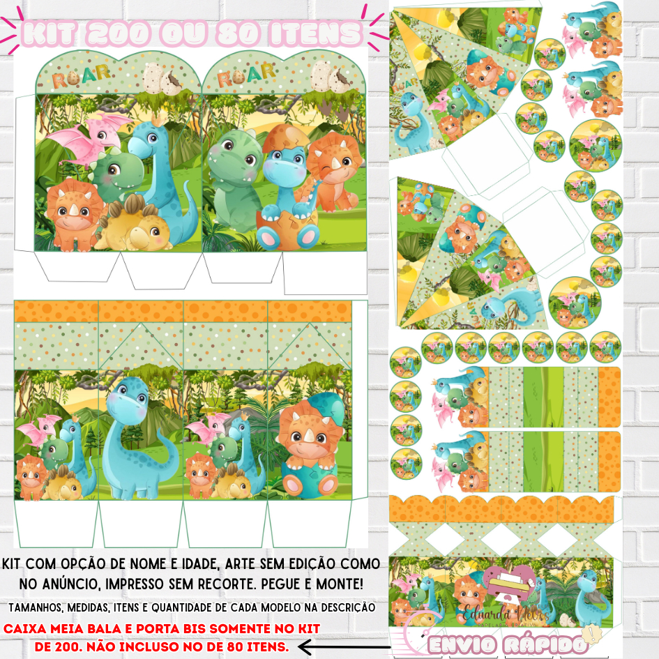 KIT LEMBRANCINHAS PARA FESTA (200/80) (CAIXAS, APLIQUES E TAGS) (COM/SEM NOME) TEMA:DINOSSAURO BABY em Oferta na Shopee