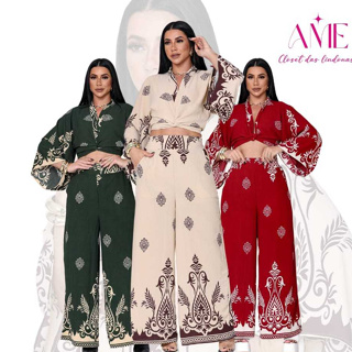 Conjunto Feminino Estampado Barrado, Blusa Multiformas + Calça Pantalona Forrada com Elástico na Cintura tecido Duna em Oferta na Shopee